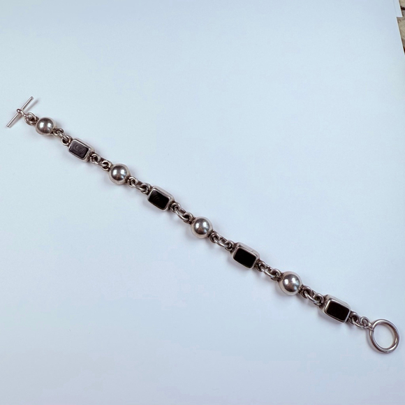 Modernist Petrified Fossilized Wood Ball Chain Sterling Silver 925 VTG Bracelet - Picture 3 of 8